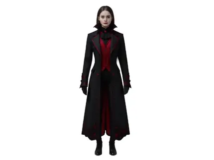 Women’s Red & Black Gothic Vampire Style Tailcoat – Victorian cosplay long coat with premium cotton, satin lining, embroidery, and high vampire collar.