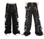 Vintage Black and White Rock Punk Skull Chain Pants with bold skull graphics and detachable metal chains – handmade gothic streetwear.