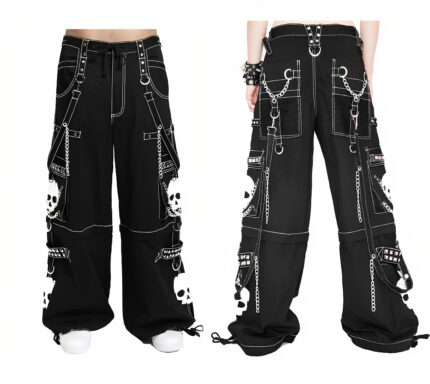 Vintage Black and White Rock Punk Skull Chain Pants with bold skull graphics and detachable metal chains – handmade gothic streetwear.