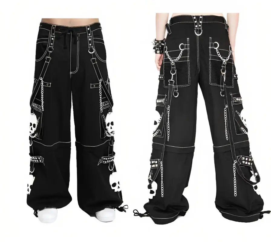 Vintage Black and White Rock Punk Skull Chain Pants with bold skull graphics and detachable metal chains – handmade gothic streetwear.