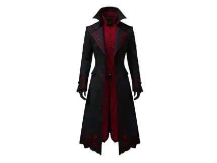 Women’s Red & Black Gothic Vampire Style Tailcoat – Victorian cosplay long coat with premium cotton, satin lining, embroidery, and high vampire collar.