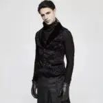 Men’s Black Victorian Gothic Waistcoat with embroidered brocade and velvet details