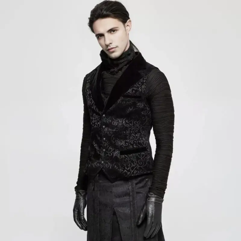 Men’s Black Victorian Gothic Waistcoat with embroidered brocade and velvet details