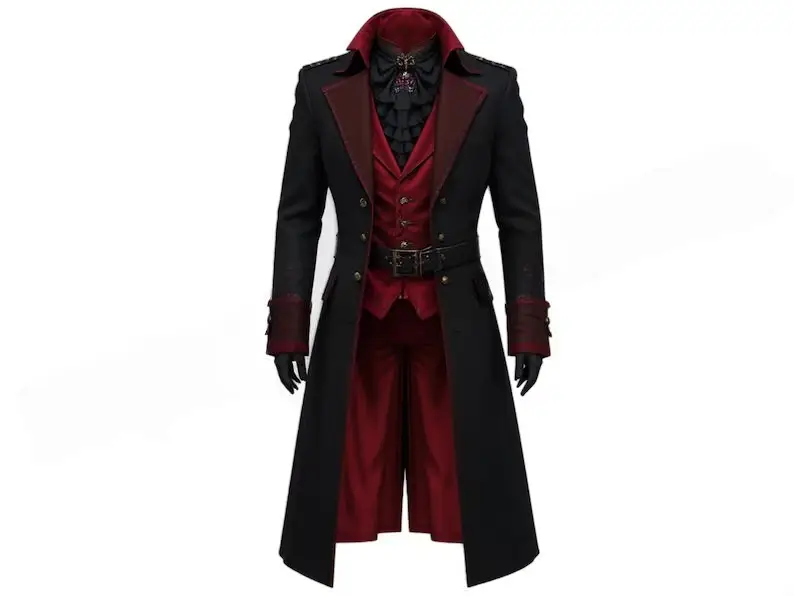 Red & Black Gothic Long Victorian Steampunk Coat