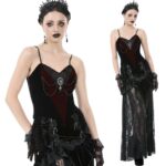 Angelina Red & Black Gothic Velvet Corset Top with embroidery lace, beaded strings, sparkly brooch, and velvet fabric – Victorian gothic women’s fashion.