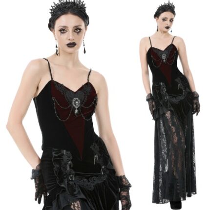 Angelina Red & Black Gothic Velvet Corset Top with embroidery lace, beaded strings, sparkly brooch, and velvet fabric – Victorian gothic women’s fashion.