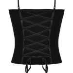 Angelina Red & Black Gothic Velvet Corset Top with embroidery lace, beaded strings, sparkly brooch, and velvet fabric – Victorian gothic women’s fashion.