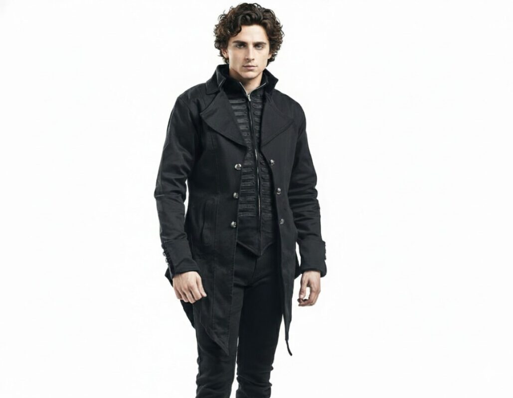Men’s Gothic Barnes Military Tailcoat in Classic Black with integrated vest, metal buttons, and military stitching – Victorian gothic fashion coat.