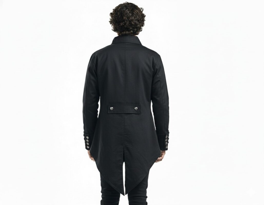 Men’s Gothic Barnes Military Tailcoat in Classic Black with integrated vest, metal buttons, and military stitching – Victorian gothic fashion coat.