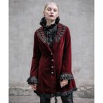 Women Red Rose Velvet Gothic Victorian Steampunk Frock Coat with braided detailing, lace cuffs, vintage buttons, and handmade red velvet fabric for gothic elegance.