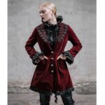 Women Red Rose Velvet Gothic Victorian Steampunk Frock Coat with braided detailing, lace cuffs, vintage buttons, and handmade red velvet fabric for gothic elegance.