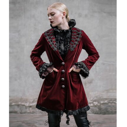 Women Red Rose Velvet Gothic Victorian Steampunk Frock Coat with braided detailing, lace cuffs, vintage buttons, and handmade red velvet fabric for gothic elegance.