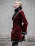 Women Red Rose Velvet Gothic Victorian Steampunk Frock Coat with braided detailing, lace cuffs, vintage buttons, and handmade red velvet fabric for gothic elegance.
