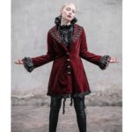 Women Red Rose Velvet Gothic Victorian Steampunk Frock Coat with braided detailing, lace cuffs, vintage buttons, and handmade red velvet fabric for gothic elegance.