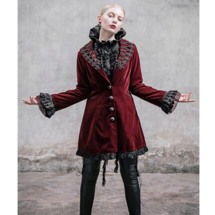 Women Red Rose Velvet Gothic Victorian Steampunk Frock Coat with braided detailing, lace cuffs, vintage buttons, and handmade red velvet fabric for gothic elegance.