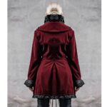 Women Red Rose Velvet Gothic Victorian Steampunk Frock Coat with braided detailing, lace cuffs, vintage buttons, and handmade red velvet fabric for gothic elegance.