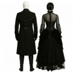 Unisex Black Victorian Gothic Vampire Couple Outfit featuring a long frock coat and velvet lace gown – perfect for gothic weddings, cosplay, and steampunk fashion.
