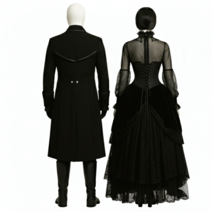 Unisex Black Victorian Gothic Vampire Couple Outfit featuring a long frock coat and velvet lace gown – perfect for gothic weddings, cosplay, and steampunk fashion.