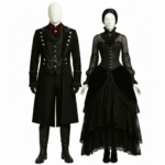 Unisex Black Victorian Gothic Vampire Couple Outfit featuring a long frock coat and velvet lace gown – perfect for gothic weddings, cosplay, and steampunk fashion.