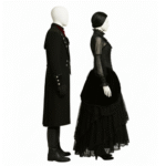Unisex Black Victorian Gothic Vampire Couple Outfit featuring a long frock coat and velvet lace gown – perfect for gothic weddings, cosplay, and steampunk fashion.