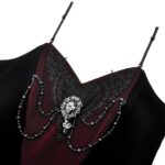 Angelina Red & Black Gothic Velvet Corset Top with embroidery lace, beaded strings, sparkly brooch, and velvet fabric – Victorian gothic women’s fashion.