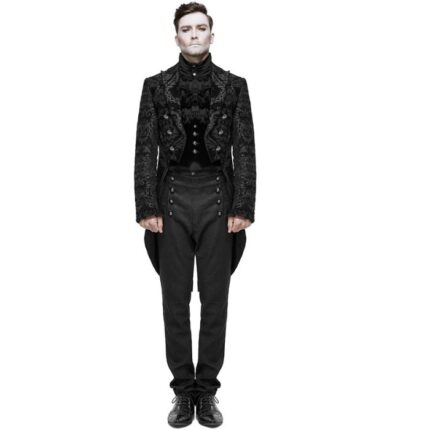 Elegant men’s black Victorian steampunk embossed tailcoat front view