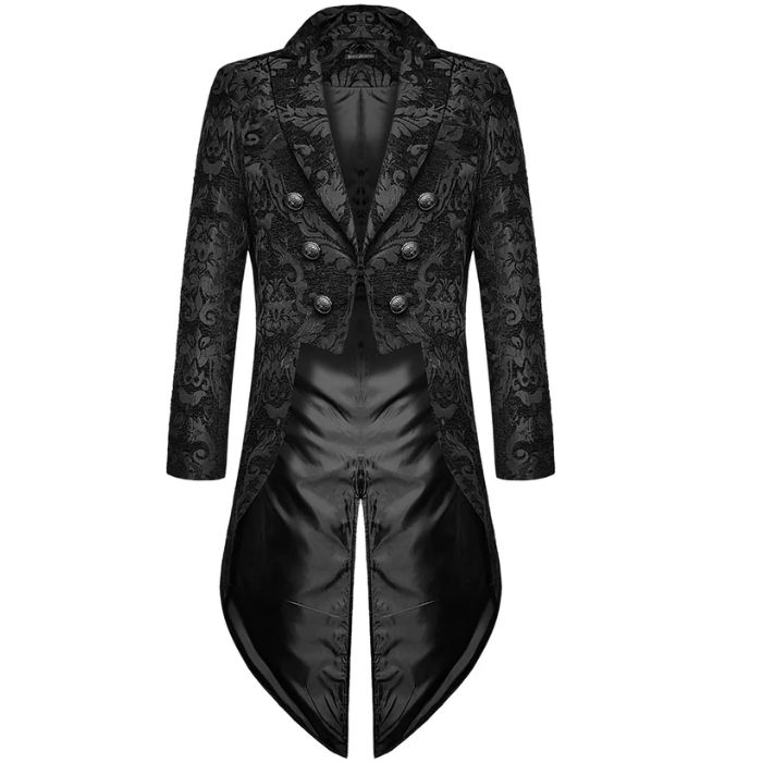 Elegant men’s black Victorian steampunk embossed tailcoat front view