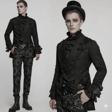 Elegant steampunk gentleman wearing a black Victorian gothic tailcoat with lace cuffs and velvet detailing.