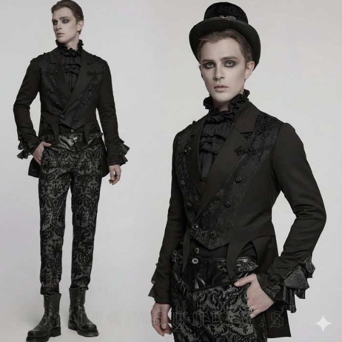 Elegant steampunk gentleman wearing a black Victorian gothic tailcoat with lace cuffs and velvet detailing.