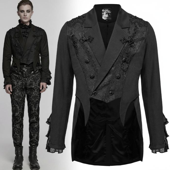 Elegant steampunk gentleman wearing a black Victorian gothic tailcoat with lace cuffs and velvet detailing.