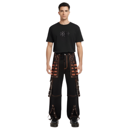 Men wearing black and orange gothic cargo pants with chains, removable hardware, adjustable ankle straps, and deep netted pockets, styled for punk and gothic streetwear