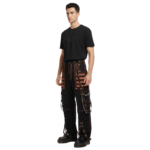 Men wearing black and orange gothic cargo pants with chains, removable hardware, adjustable ankle straps, and deep netted pockets, styled for punk and gothic streetwear