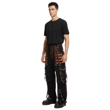 Men wearing black and orange gothic cargo pants with chains, removable hardware, adjustable ankle straps, and deep netted pockets, styled for punk and gothic streetwear