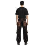 Men wearing black and orange gothic cargo pants with chains, removable hardware, adjustable ankle straps, and deep netted pockets, styled for punk and gothic streetwear